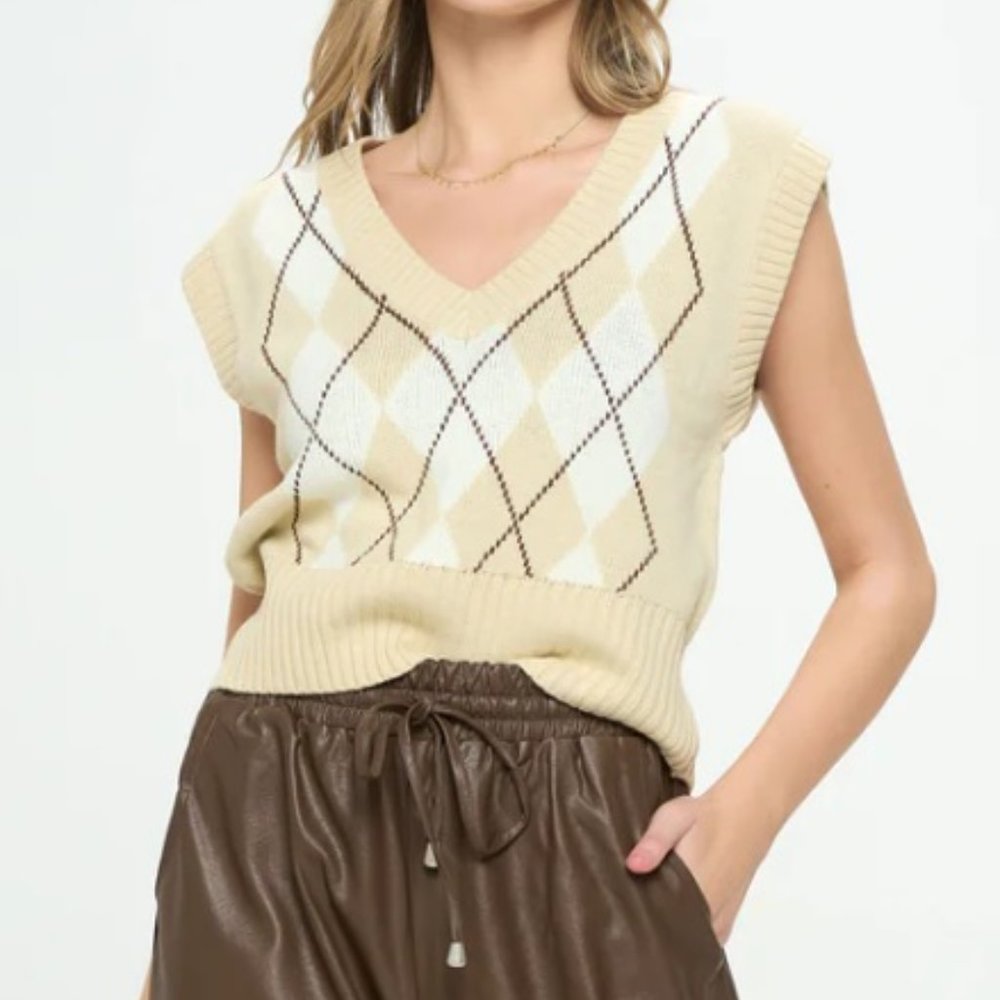 Love Tree | Argyle Cream/Tan Knitted Sweater Vest Size M